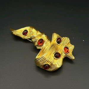 Vintage Nina Ricci Gold-Tone Statement Brooch with Amber-Colored Cabochons